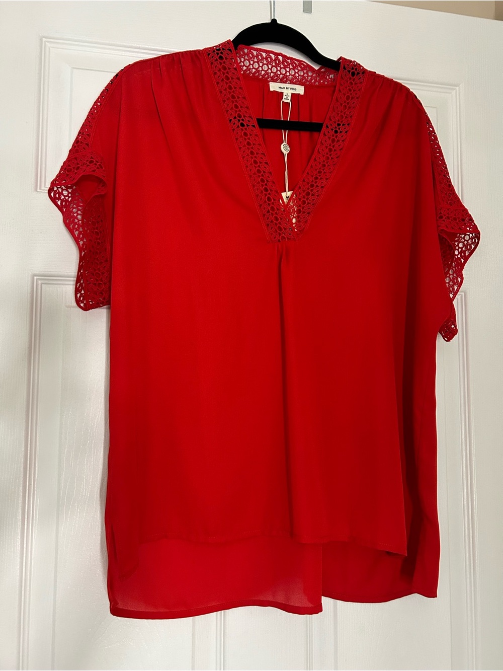 Max Studio Red V-Neck Lace-Trim Blouse